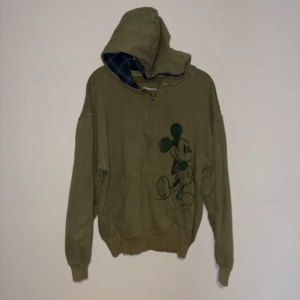 Vintage Walt Disney World Mickey Mouse 1/4 Zip Hoodie Plaid Lined Sz S Green